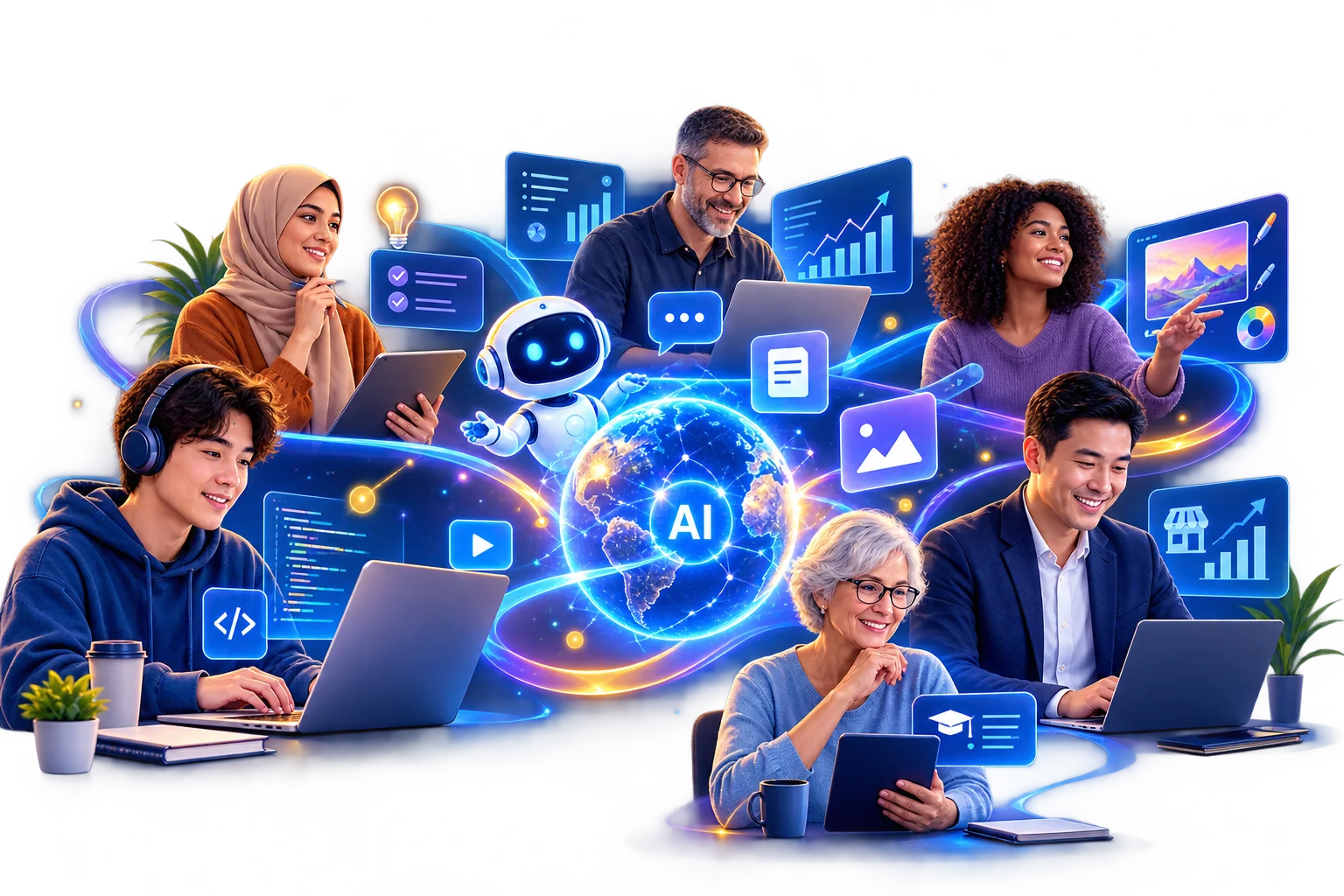 Diverse learners and professionals using AI tools for learning, creativity, career growth, and business.
